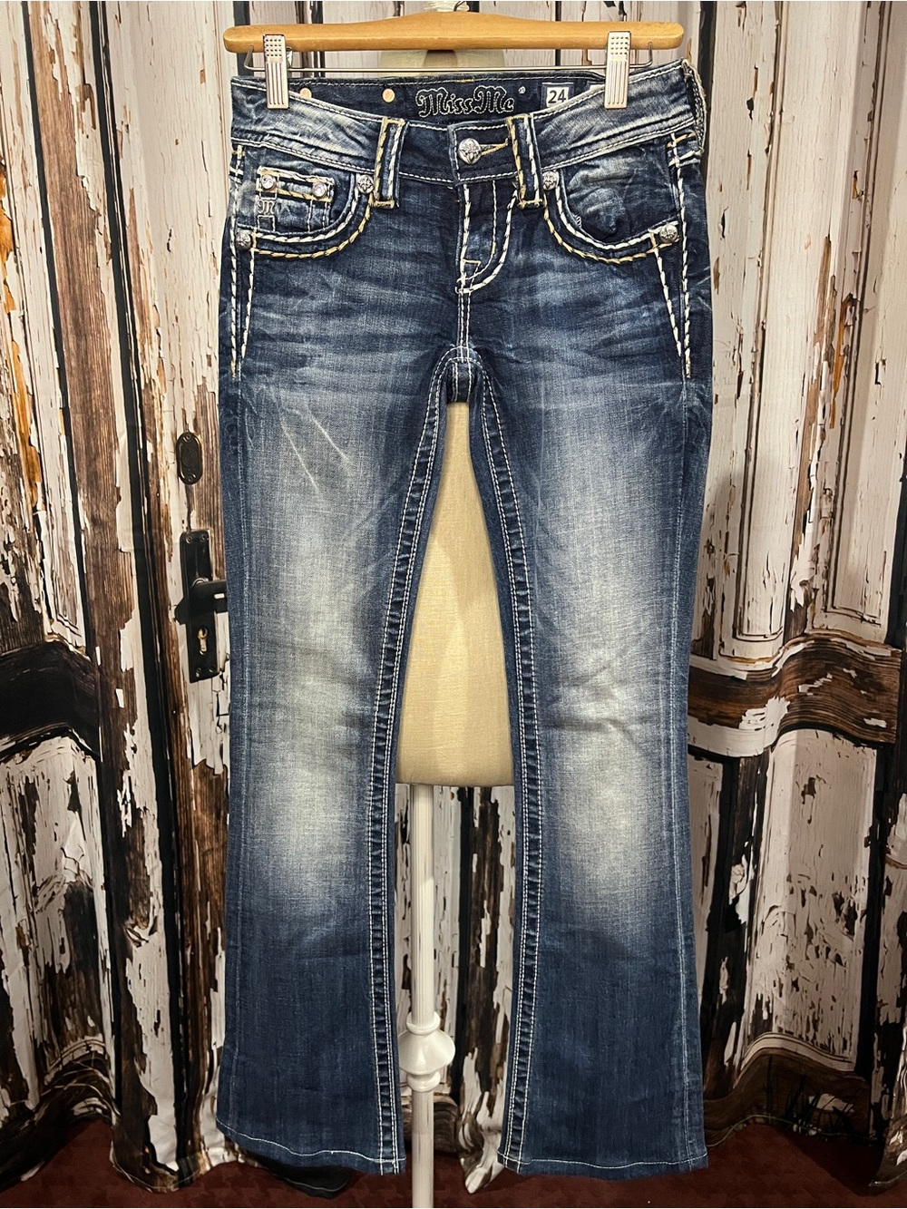Miss Me Distressed Dark Wash Bootcut Jeans with Contrast Stitching